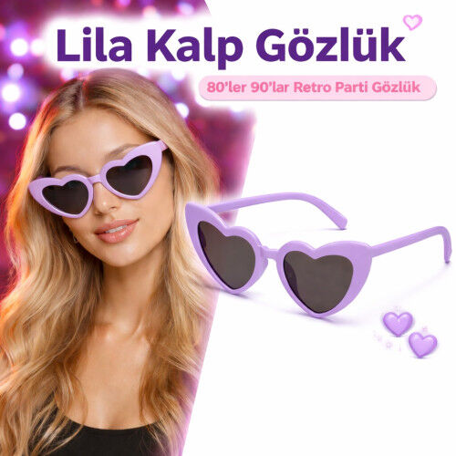 Mor Lila Retro Kalp Gözlük – 80’ler 90’lar Stil Parti Gözlüğü