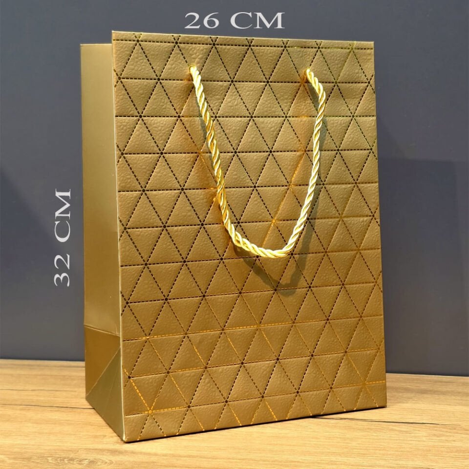 Gold Geometrik Desenli Büyük Boy Karton Hediye Çantası