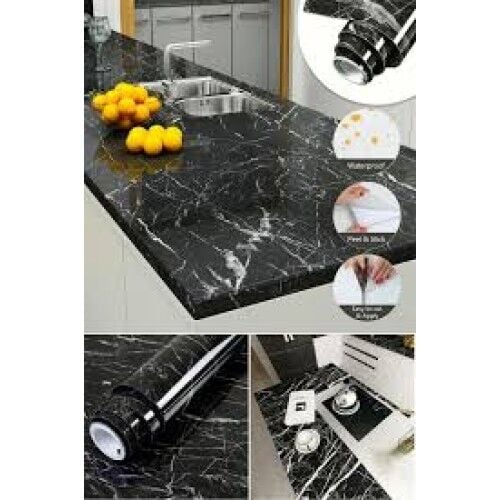 Siyah Mermer Desenli Yapışkanlı Tezgah Folyosu