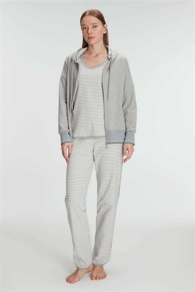Anıl 11237 Kadın Pamuklu Uzun Kol Fermuarlı Swearshirt Sıfır Kol T-Shirt ve Pantolon Pijama Takım