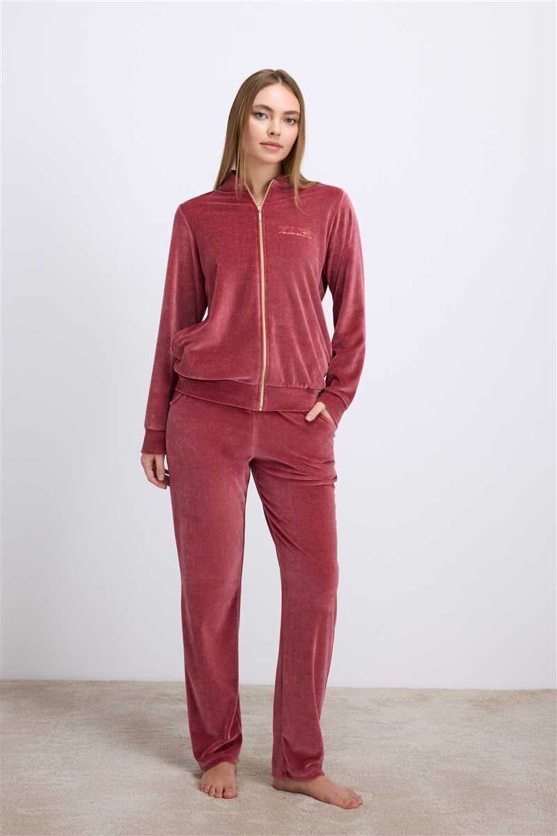 Anıl Kadın Kadife Dokulu Fermuarlı Uzun Kollu Sweatshirt ve Pantolon Takım (11560)