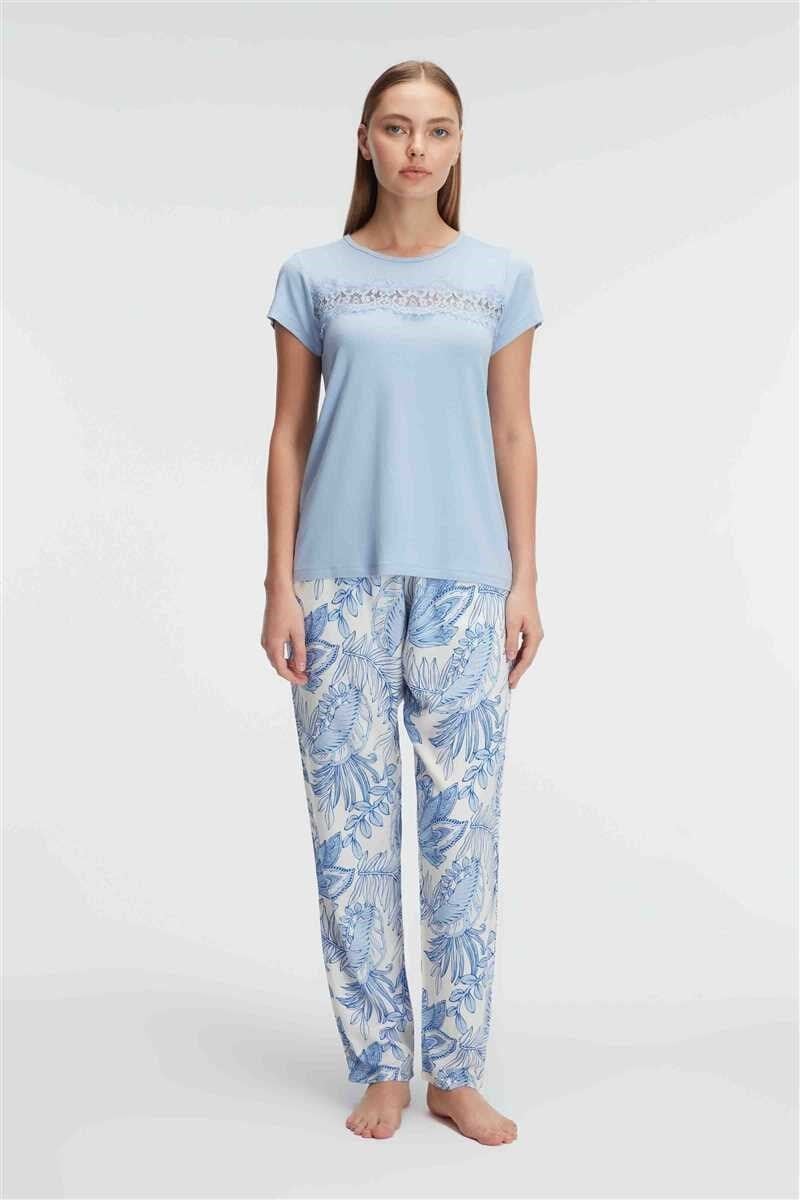 Anıl 9885 Kısa Kol Bisiklet Yaka Kadın Viskon Çiçek Desenli Yazlık ÖRME Dantel Detaylı Pijama Takımı