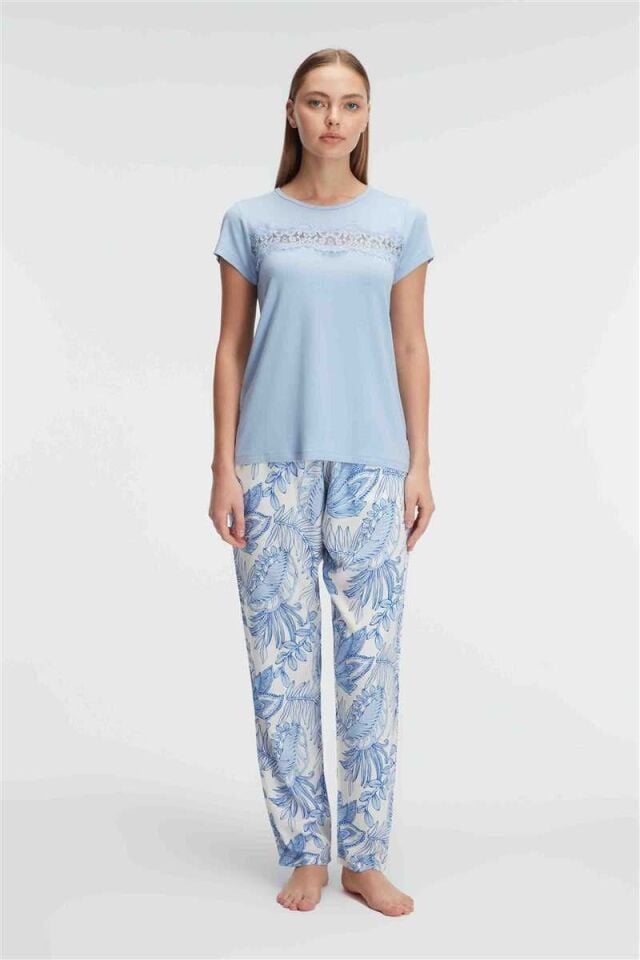 Anıl 9885 Kısa Kol Bisiklet Yaka Kadın Viskon Çiçek Desenli Yazlık ÖRME Dantel Detaylı Pijama Takımı