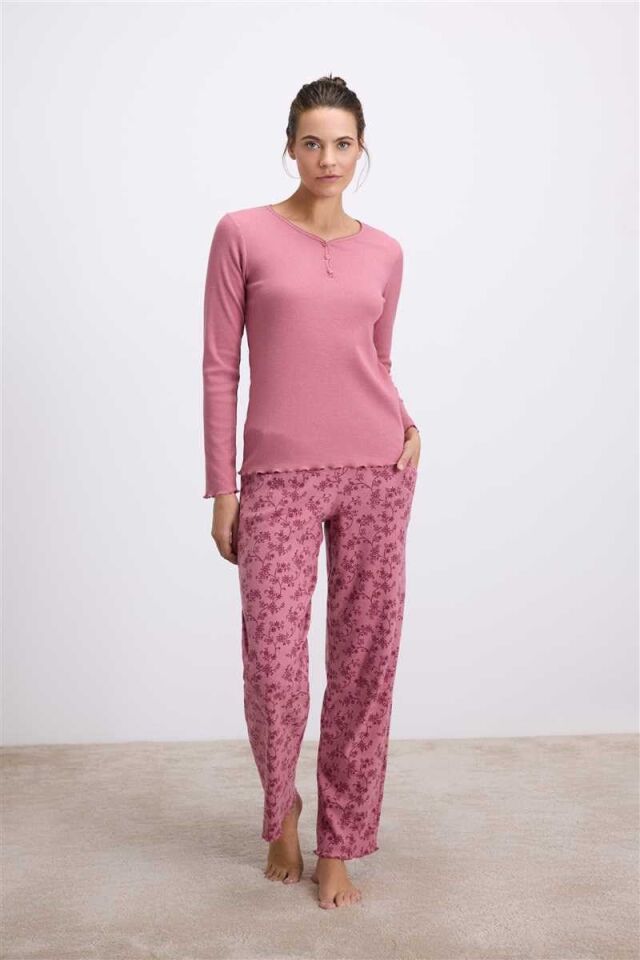 Anıl Kadın Uzun Kollu T-Shirt ve Desenli Pantolon Pijama Takımı (11630)