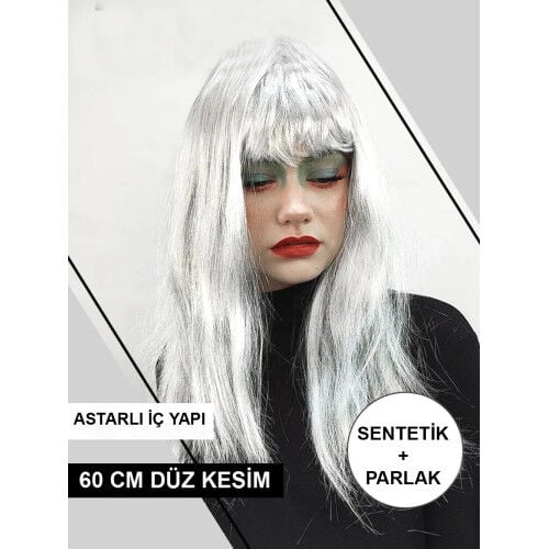 Platin Gri Gümüş Renk Uzun Parti Peruğu Uzun Takma Peruk