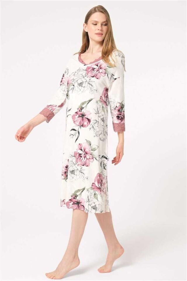 Anıl 5801 Uzun Kol V Yaka Bamboo Çiçek Desenli Kışlık Örme Normal Bel Dantel Detaylı Gecelik