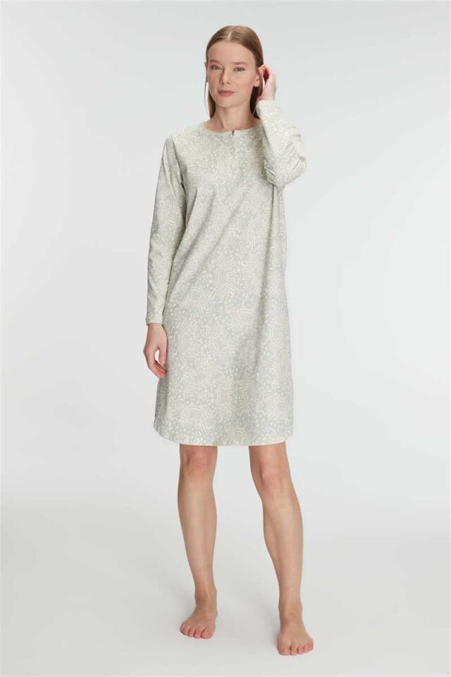 Anıl Kadın 100% Pamuklu Uzun Kollu Gecelik – Doğal, Rahat ve Yumuşak Dokulu Kışlık Ev Şıklığı 11296