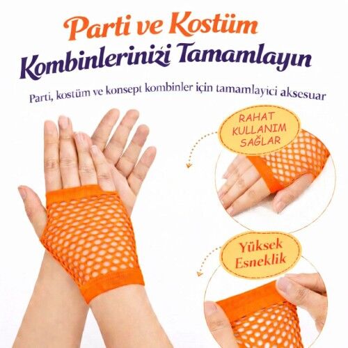 80’ler 90’lar Retro Neon Turuncu File Parmaksız Kısa Eldiven 11 cm