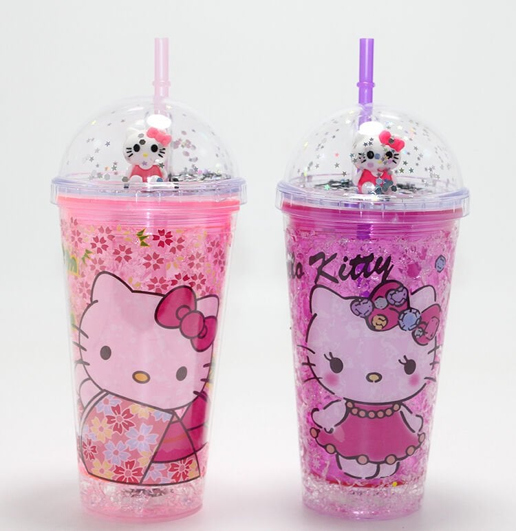 Sevimli Hello Kitty Işıklı Pipetli Boncuklu Suluk & Bardak (400 Ml)