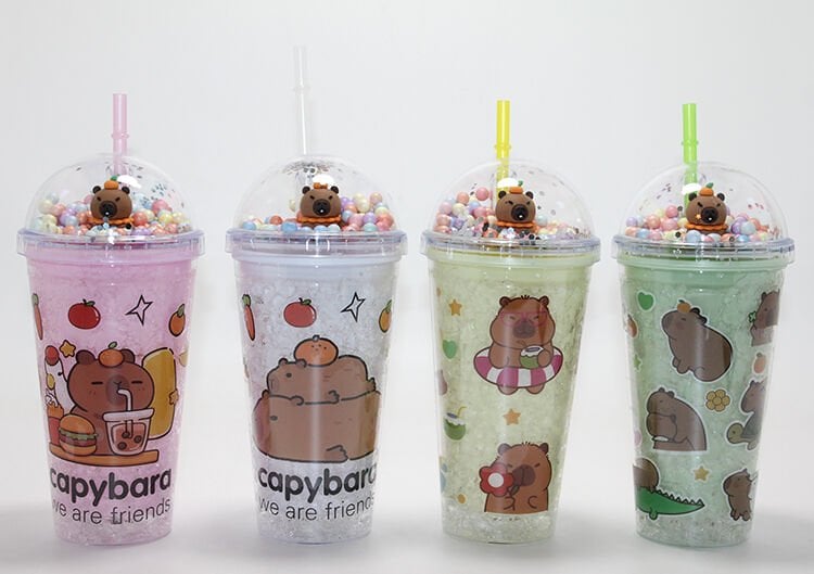 Sevimli Kapibara Pipetli Boncuklu Termos & Suluk