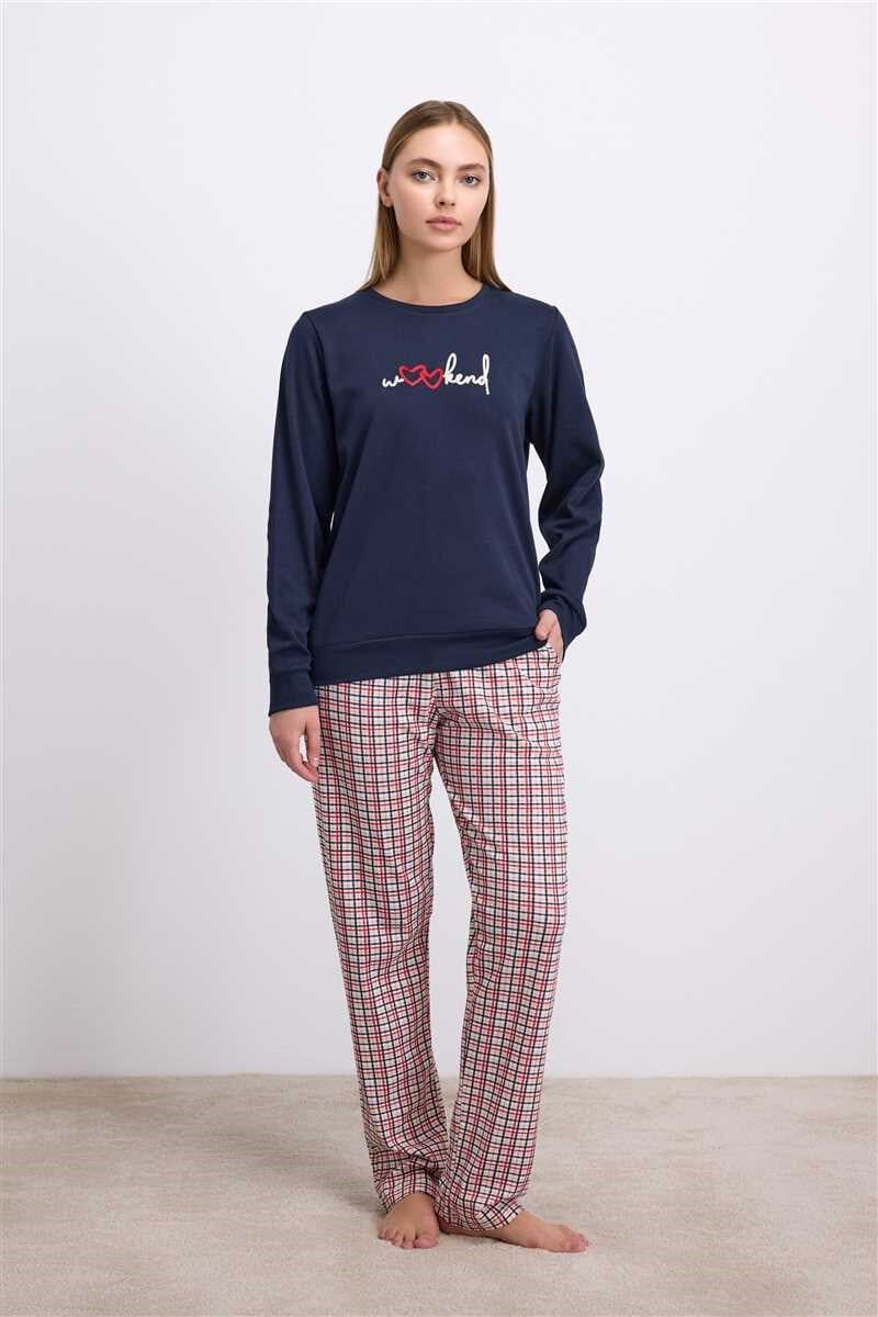 Anıl Kadın Uzun Kol Sweatshirt ve Ekose Pantolon Pijama Takımı Rahat ve Şık Ev Giyimi 11585