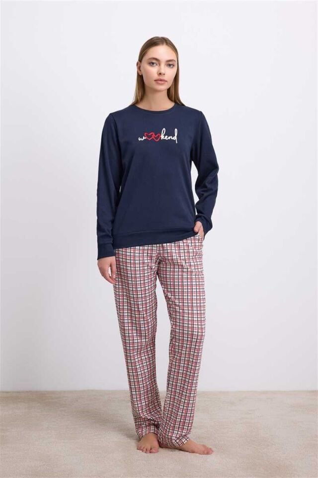 Anıl Kadın Uzun Kol Sweatshirt ve Ekose Pantolon Pijama Takımı Rahat ve Şık Ev Giyimi 11585