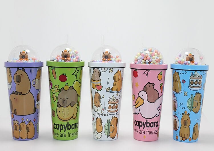 Sevimli Kapibara Pipetli Boncuklu Termos & Suluk