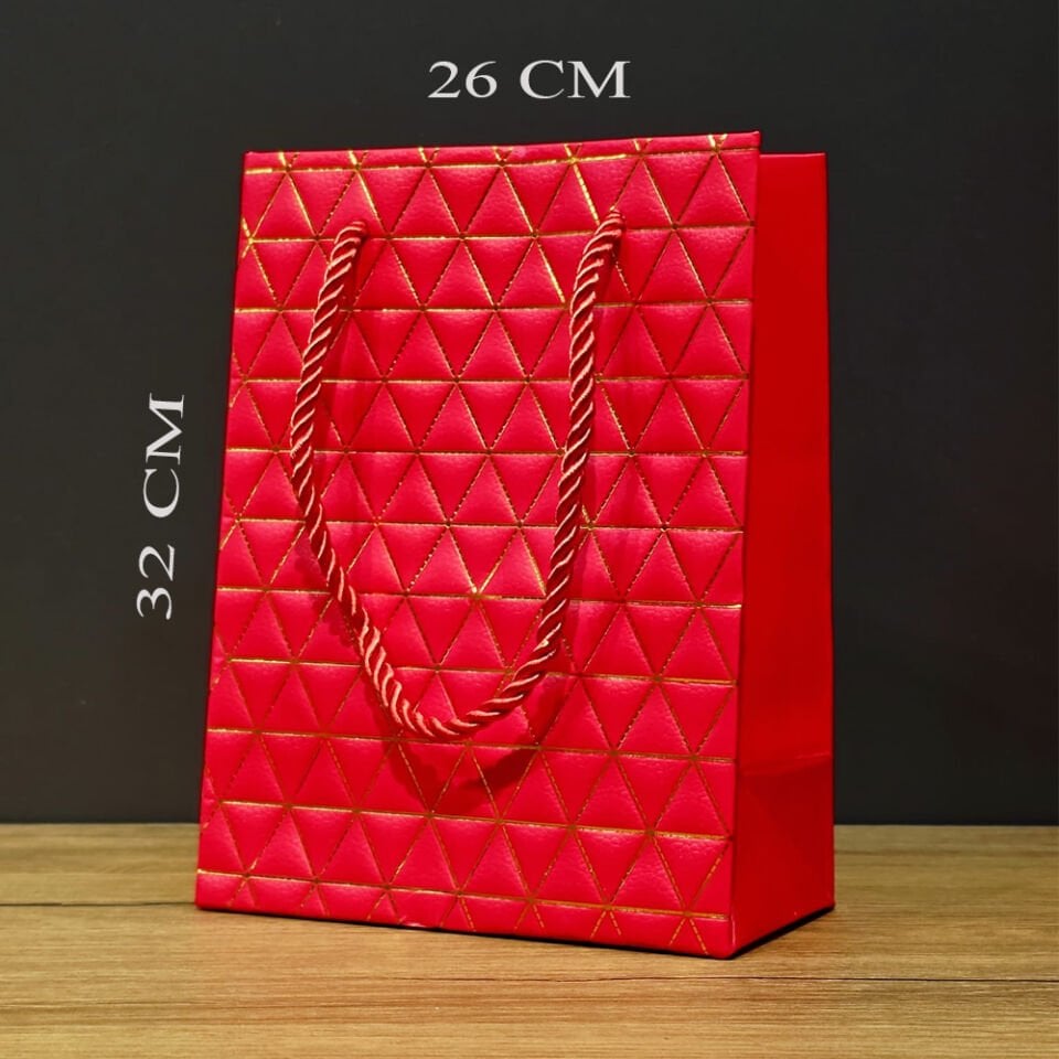 Kırmızı Geometrik Desenli Büyük Boy Karton Hediye Çantası