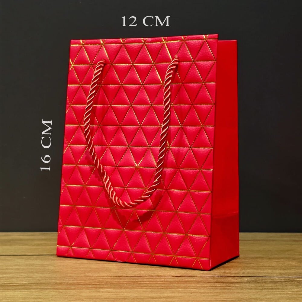 Kırmızı Geometrik Desenli Mini Boy Karton Hediye Çantası