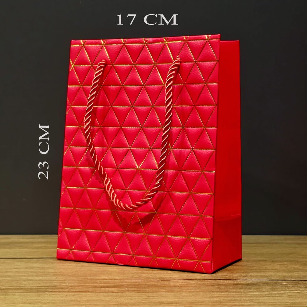 Kırmızı Geometrik Desenli Orta Boy Karton Hediye Çantası