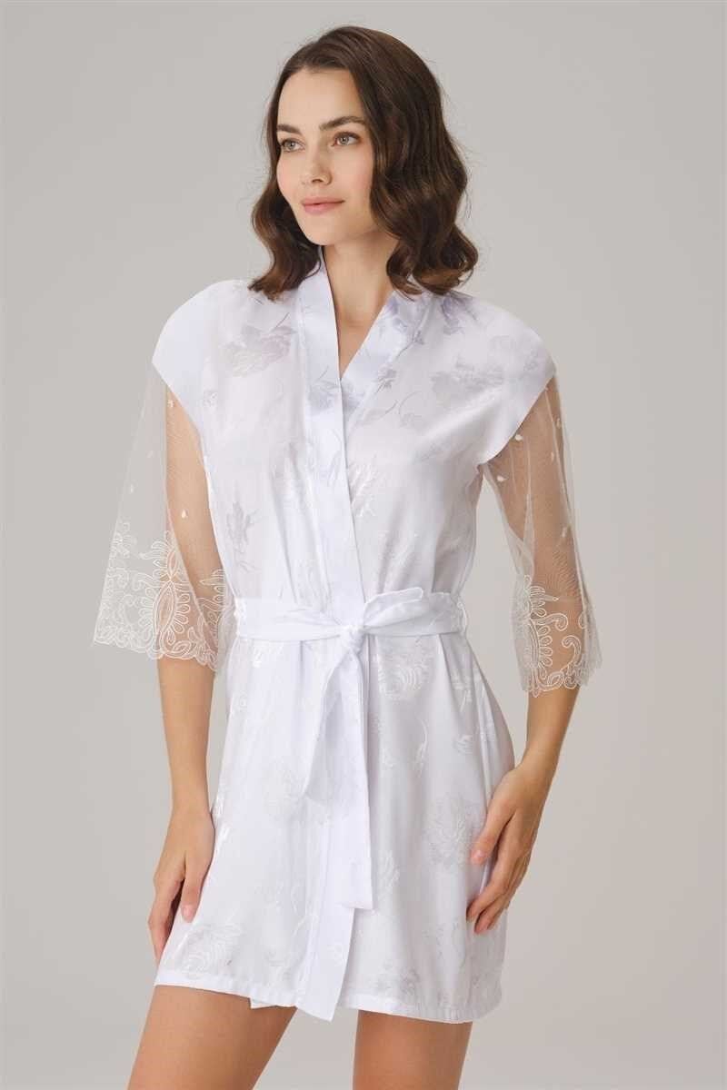 Çeyizlik Uzun Kol V Yaka Kadın Saten Düz Yazlık Mini Dantel Detaylı Sabahlık Anıl 5784