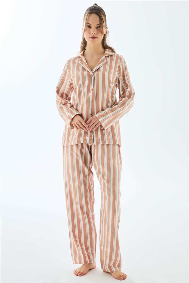 Anıl 11498 Kadın Viscose Çizgili Gömlek Pantolon Pijama Takımı