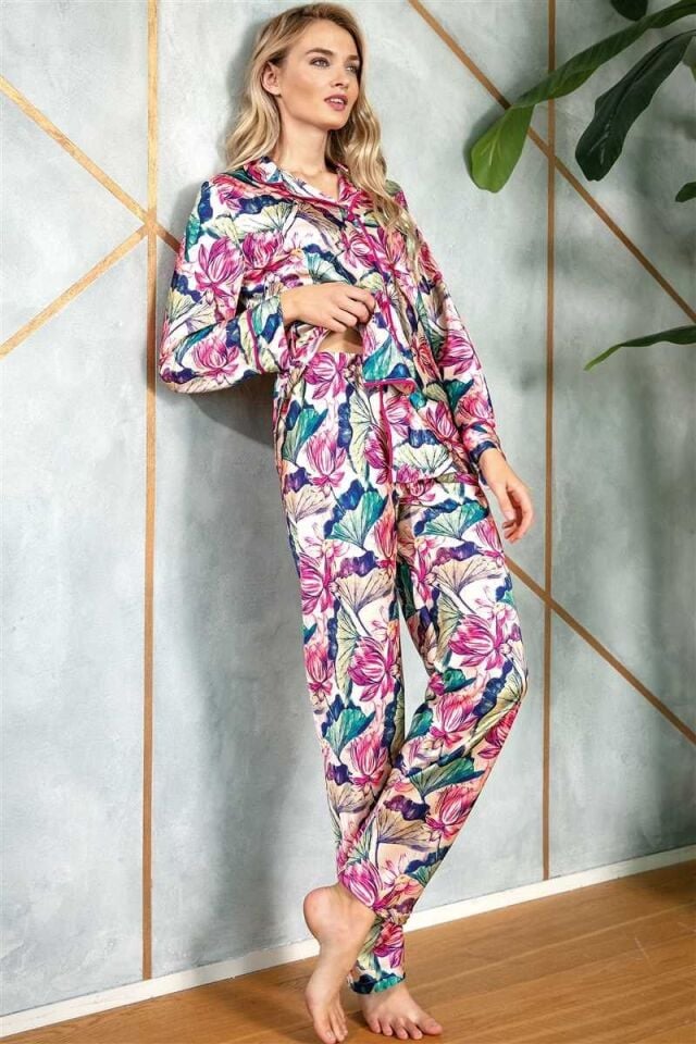 Kadın Saten Çiçek Baskılı Düğmeli Uzun Kol Gömlek ve Pantolon Pijama Takım (9724)