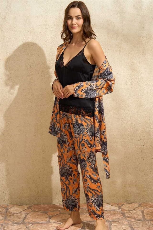 Kadın Saten Çiçek Baskılı Sabahlık Dantelli Atlet ve Pantolon Pijama 3'lü Takım (5621)