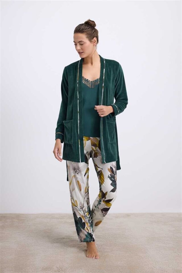 Anıl Kadın Kadife Sabahlık, Dantelli Atlet ve Desenli Pantolon Pijama Takım 11554
