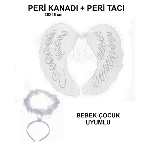 Beyaz Dantel Tüllü Peri Kanadı ve Peri Tacı Seti 45x40 cm