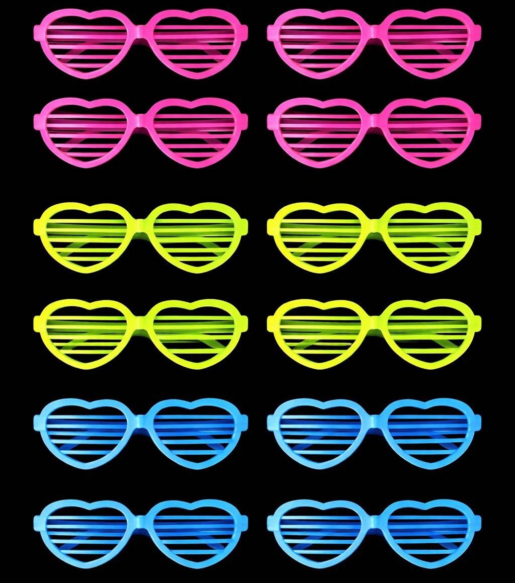 Retro Neon Fosforlu Kalp Panjur Gözlük - 12 Adet