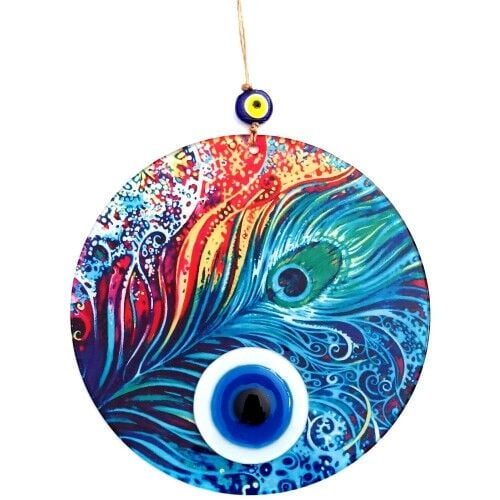 Tavus Kuşu Tüyü Desenli  Füzyon Camdan El Yapımı Nazar Boncuklu Duvar Süsü