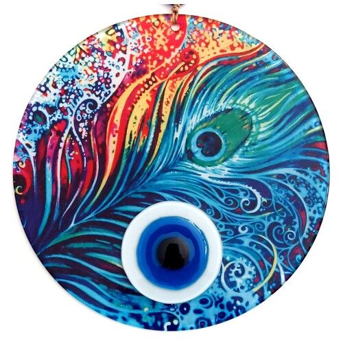 Tavus Kuşu Tüyü Desenli  Füzyon Camdan El Yapımı Nazar Boncuklu Duvar Süsü