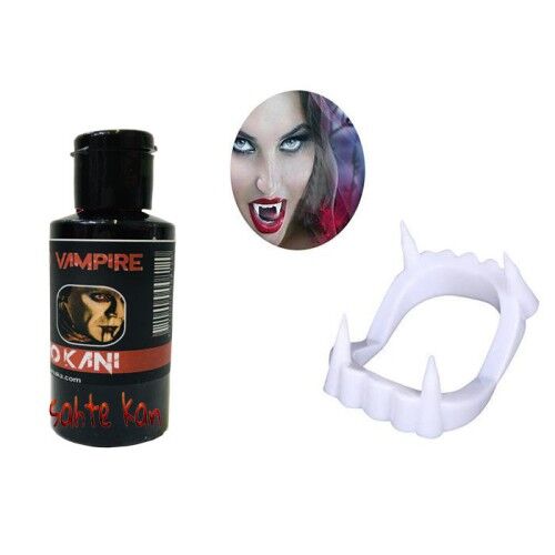 Beyaz Renk Çift Damak Takma Vampir Dişi ve 50 gr Tiyatro Kanı