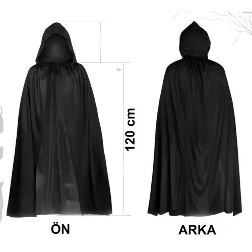 Siyah Uzun Pelerin 120 cm Kapüşonlu – Cosplay ve Parti Kostümü