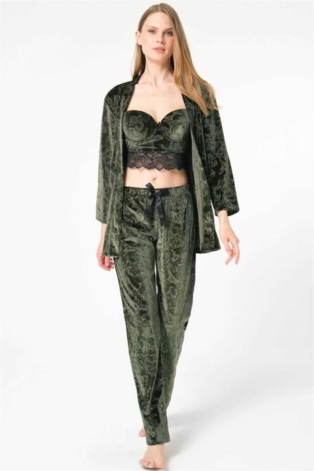 Kadın Kadife Çiçek Desenli Sabahlık Balenli Destekli Dolgulu Dantelli Büstiyer Sütyen ve Pantolon Pijama 3'lü Takım (5632)