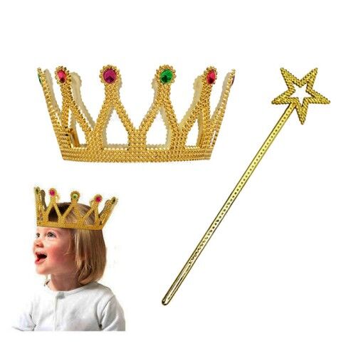 Çocuk Boy Kraliçe Prenses Tacı ve Yıldız Peri Asası Altın Renk