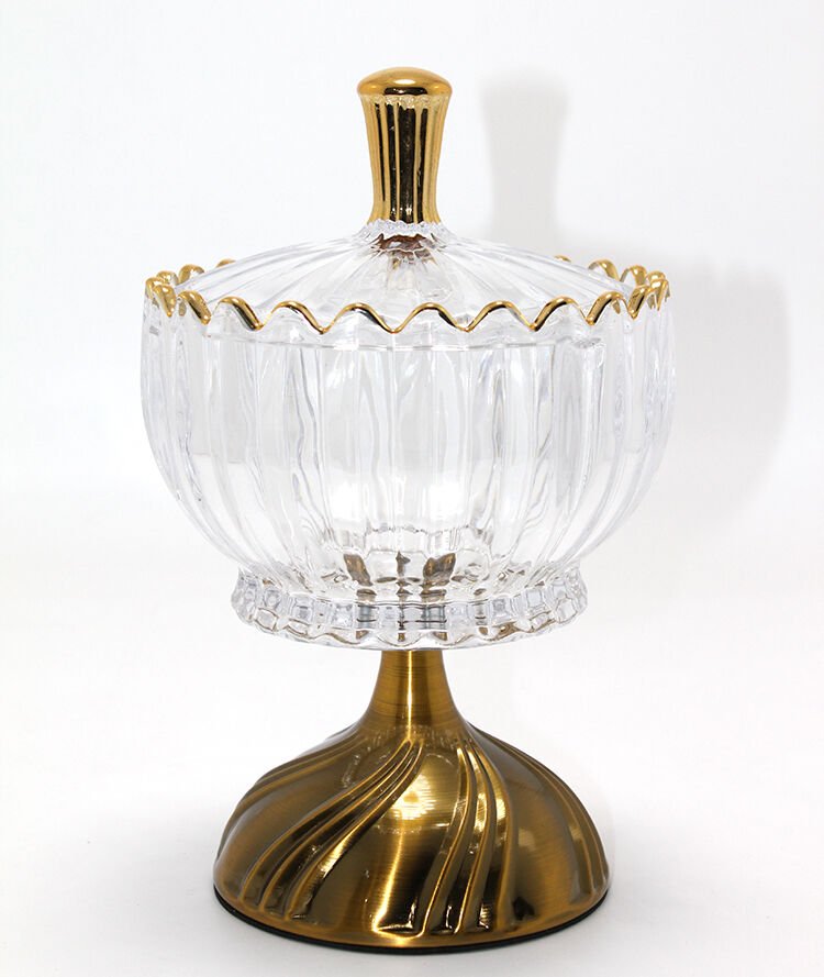 Metal Ayaklı Kristal Cam Şekerlik Gold Detaylı Sunumluk