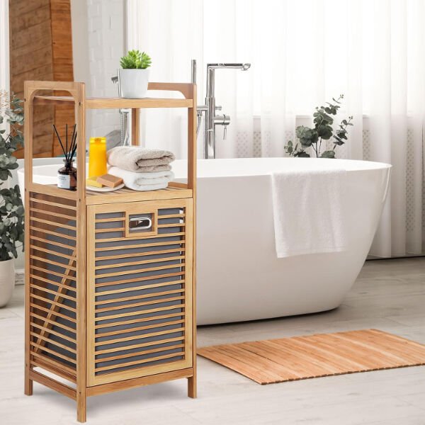 2 Organizer Raflı Ahşap Bambu Çek-Aç Kirli Sepeti