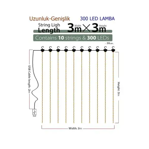 8 Fonksiyonlu Uzaktan Kumandalı Peri Perde Led - 3x3 Metre Günışığı