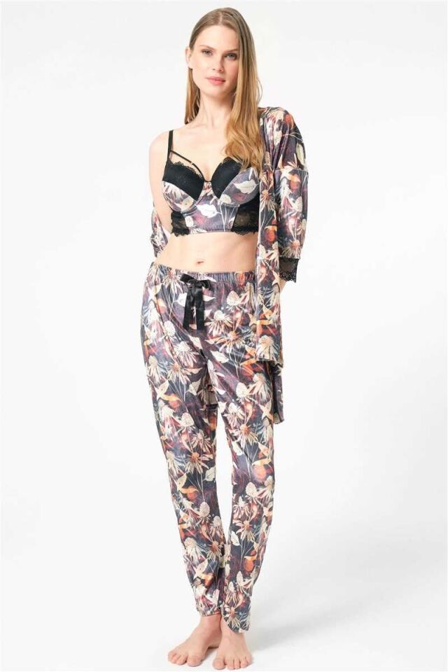 Kadın Kadife Çiçek Desenli Sabahlık Balenli Destekli Dolgulu Yaka Detaylı Dantelli Büstiyer Sütyen ve Pantolon Pijama 3'lü Takım (5684)